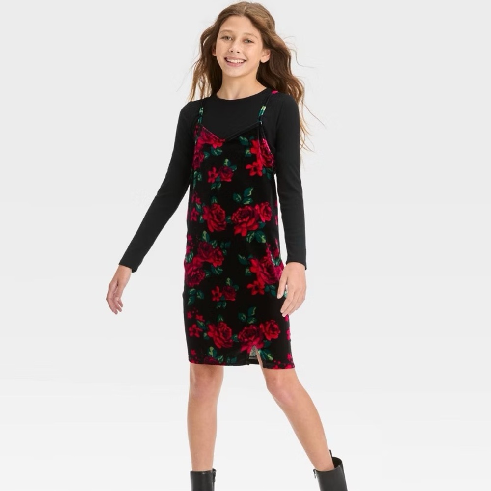 Art Class Girls Long Sleeve 2 for 1 Dress Black velvet Floral